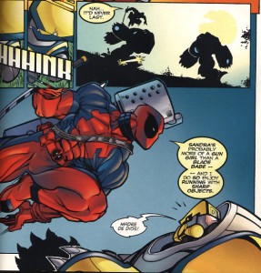 Deadpool running with sharp objects